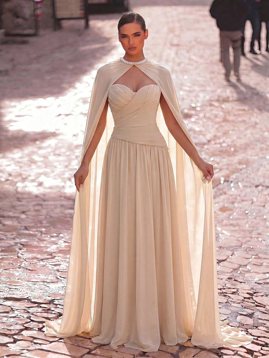 Aureia Elegant, , Fashionable Apricot Chiffon Halter Shawl Ruched Decor A-Line Dress, Party Wedding Guest And - image 15