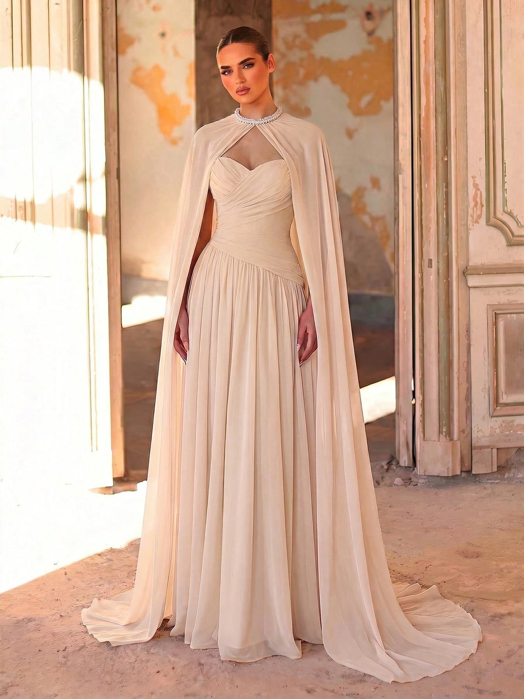 Aureia Elegant, , Fashionable Apricot Chiffon Halter Shawl Ruched Decor A-Line Dress, Party Wedding Guest And - image 16