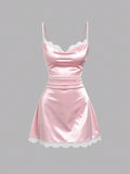 Sweetra Women's New Season Vintage Hot Girl Slimming Asymmetrical Pleated Pink Dress