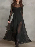 Elegant 2 Piece Sheer Mesh Long Sleeve Maxi Dress, Flowy See Through