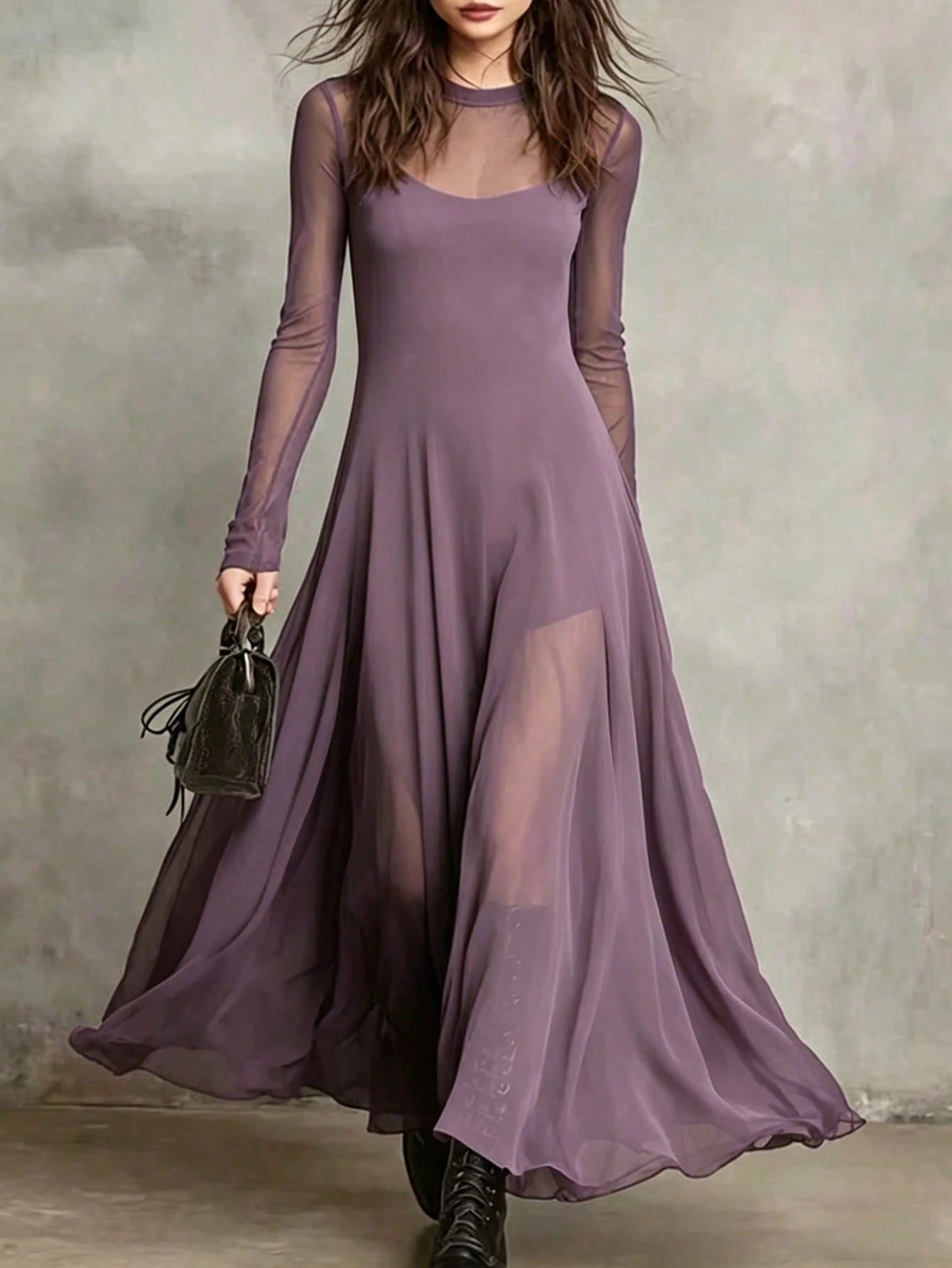 Elegant 2 Piece Sheer Mesh Long Sleeve Maxi Dress, Flowy See Through