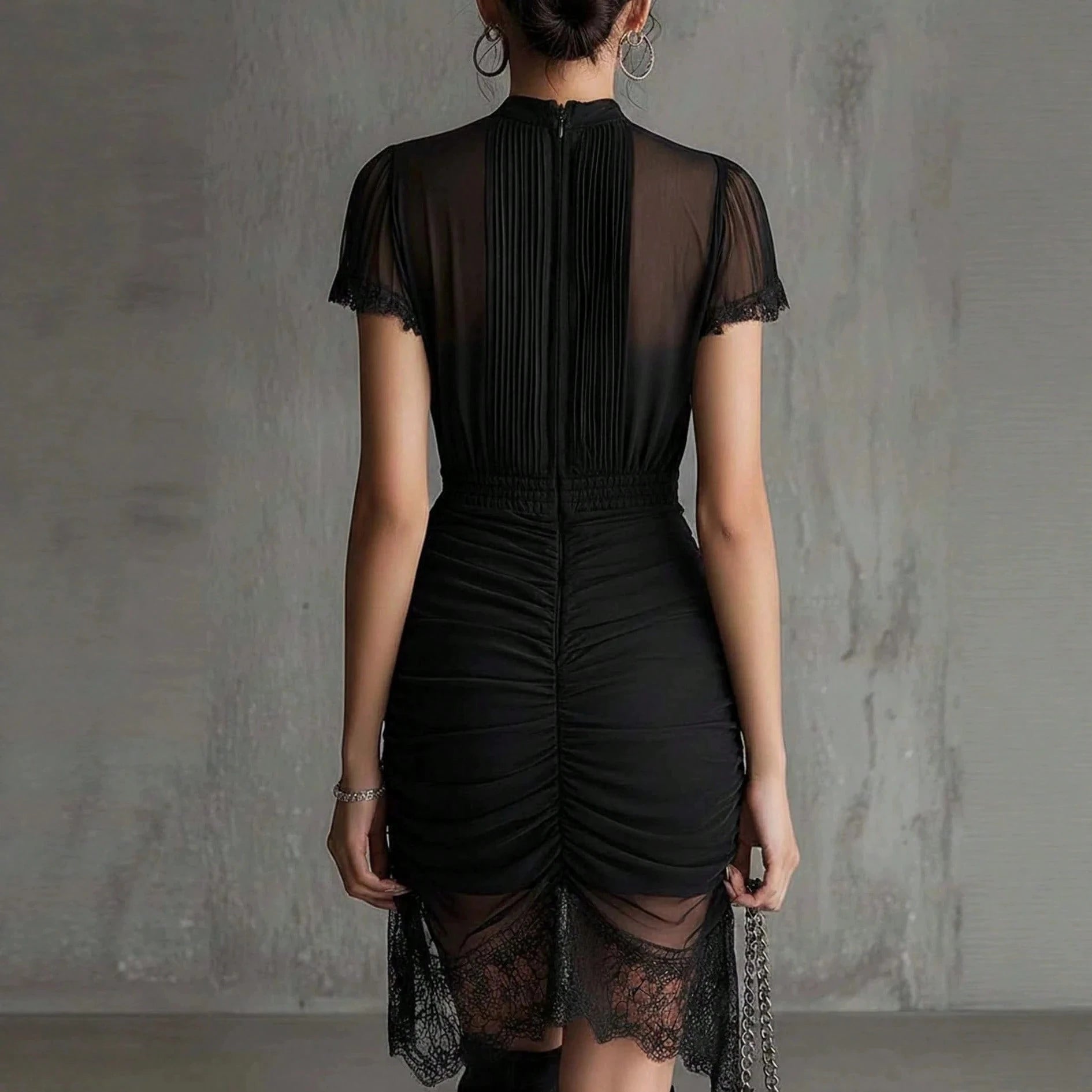2026 Premium Women's Dress, Black See Through Lace Patchwork Dress,