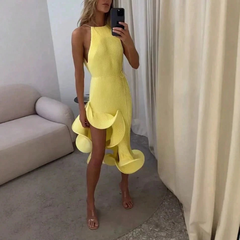 2026 SS Western Women Solid Midi Dress, Spaghetti Strap Asymmetrical Cuff Hem Summer Beach Resort Vacation - image 2
