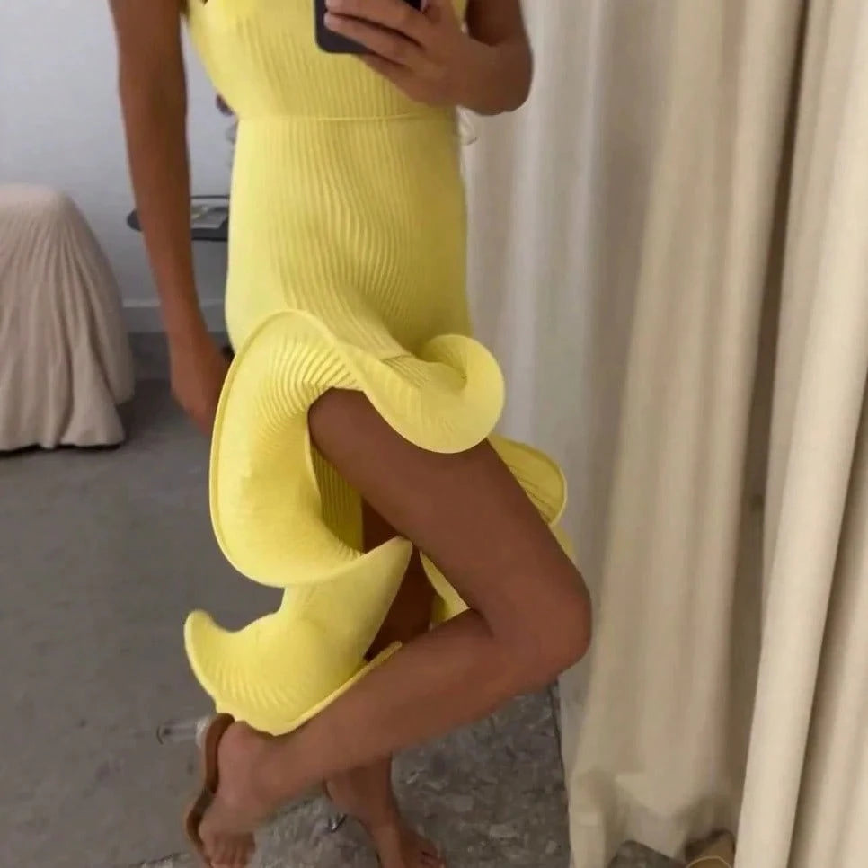 2026 SS Western Women Solid Midi Dress, Spaghetti Strap Asymmetrical Cuff Hem Summer Beach Resort Vacation - image 3