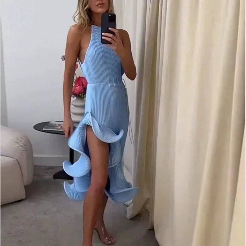 2026 SS Western Women Solid Midi Dress, Spaghetti Strap Asymmetrical Cuff Hem Summer Beach Resort Vacation - image 4
