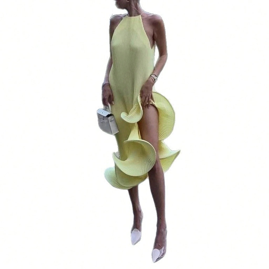 2026 SS Western Women Solid Midi Dress, Spaghetti Strap Asymmetrical Cuff Hem Summer Beach Resort Vacation - image 6