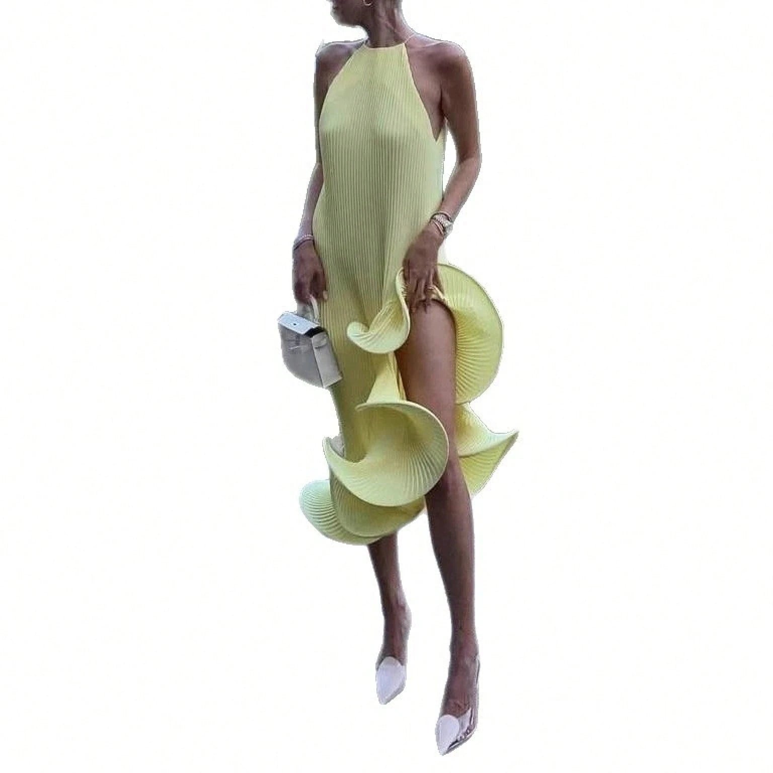 2026 SS Western Women Solid Midi Dress, Spaghetti Strap Asymmetrical Cuff Hem Summer Beach Resort Vacation - image 6