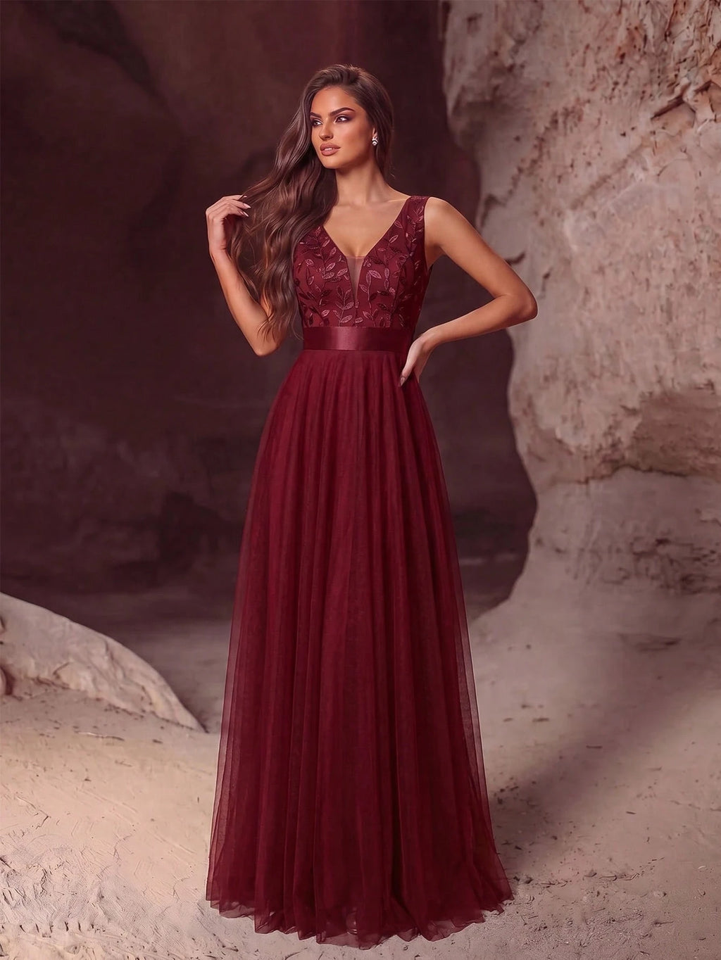 XUCTHHC Elegant Sequin Embroidered Mesh V-Neck Sleeveless A-Line Evening Gown, Suitable For Prom, Party, - image 8