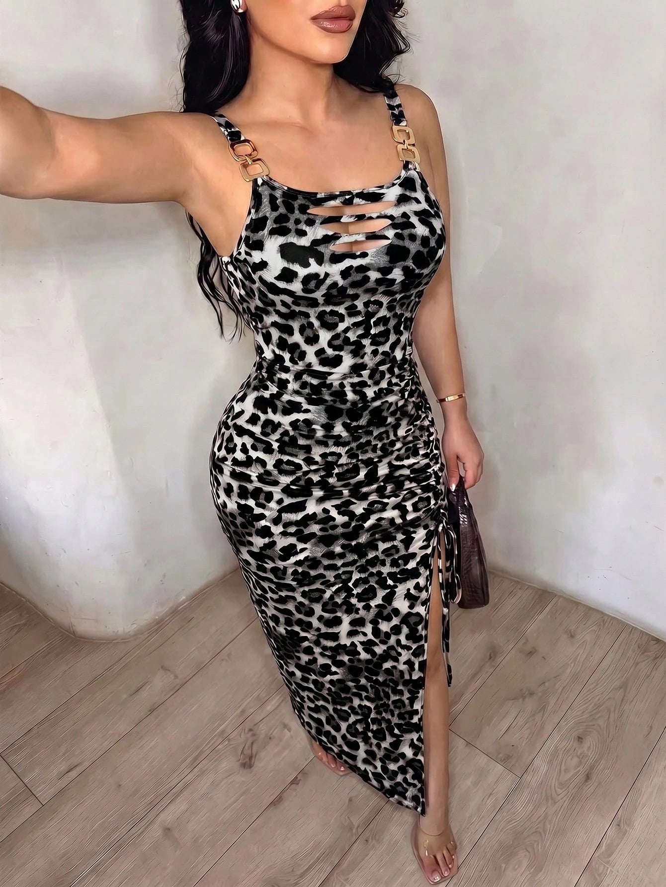 Xyvia Women Elegant Leopard Print Chain Strap Ruched Slit Bodycon