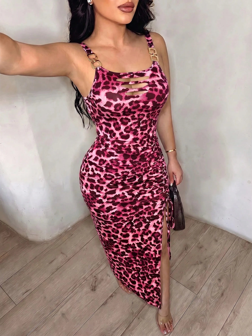 Xyvia Women Elegant Leopard Print Chain Strap Ruched Slit Bodycon