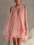 Sleeveless Pleated A-Line Babydoll Short Dress, Loose-Fitting, Large