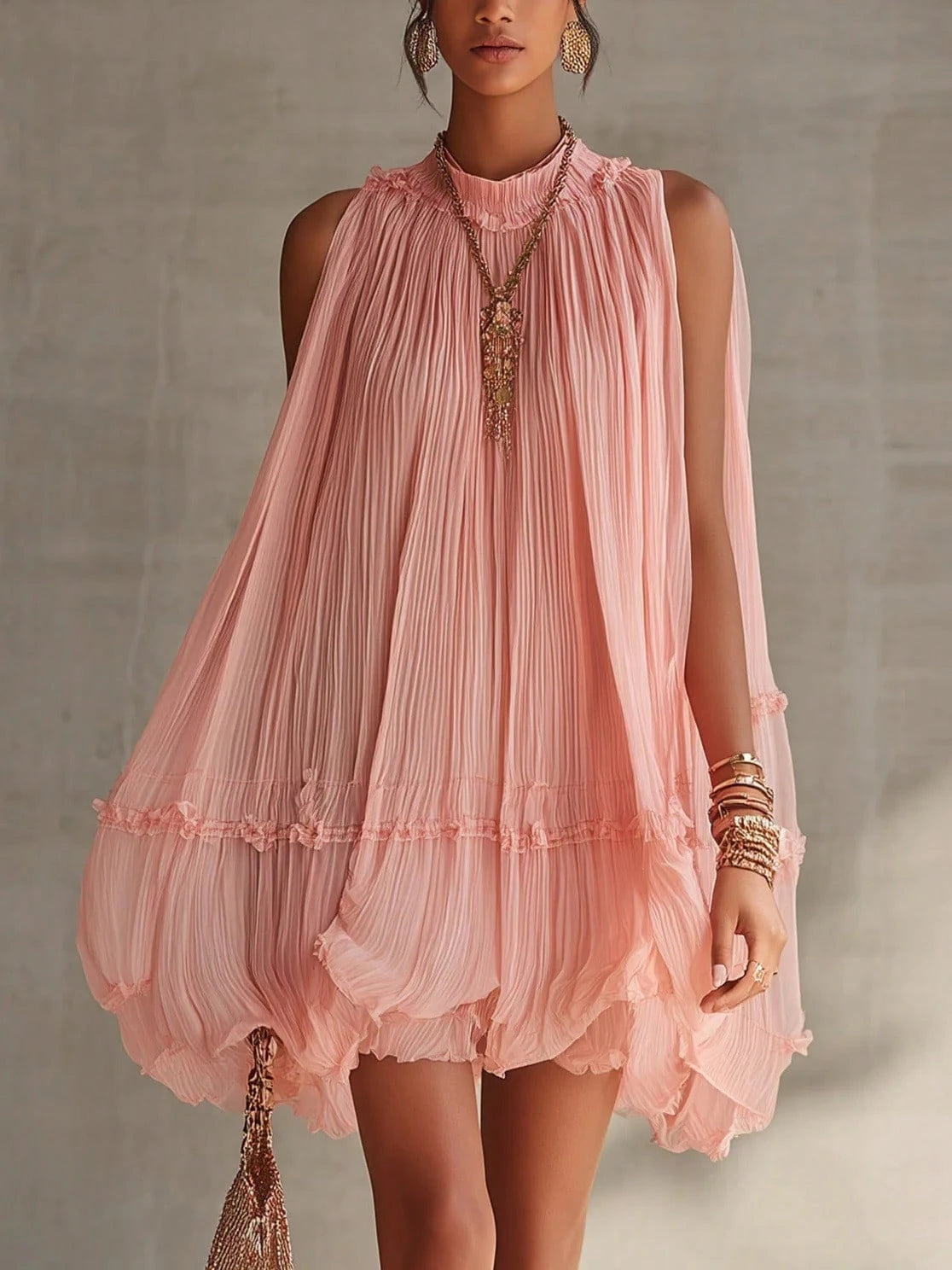 Sleeveless Pleated A-Line Babydoll Short Dress, Loose-Fitting, Large
