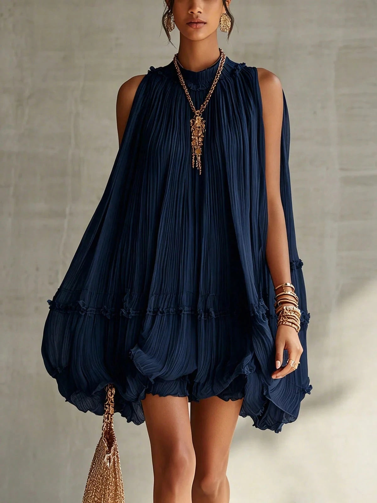 Sleeveless Pleated A-Line Babydoll Short Dress, Loose-Fitting, Large