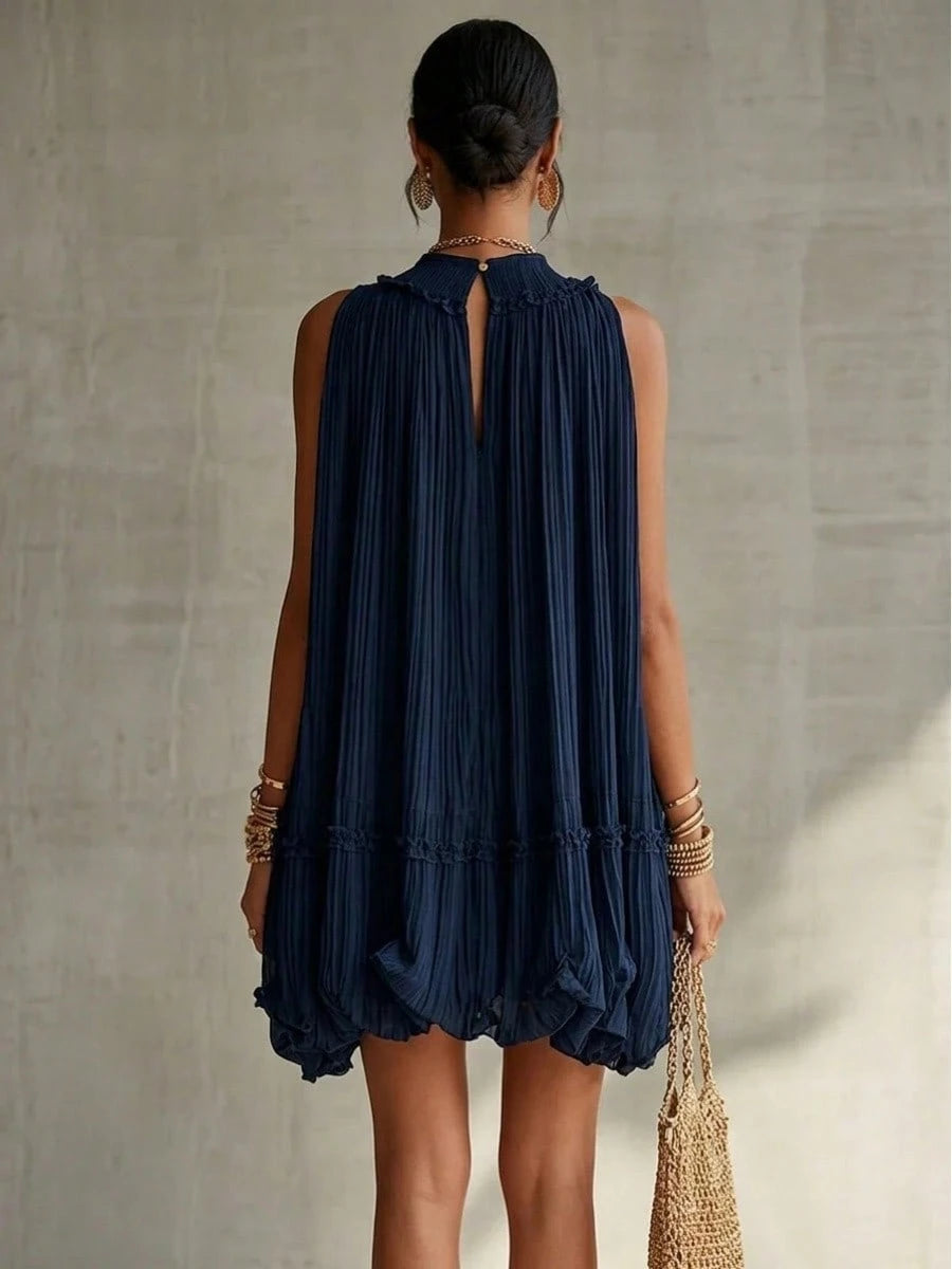 Sleeveless Pleated A-Line Babydoll Short Dress, Loose-Fitting, Large