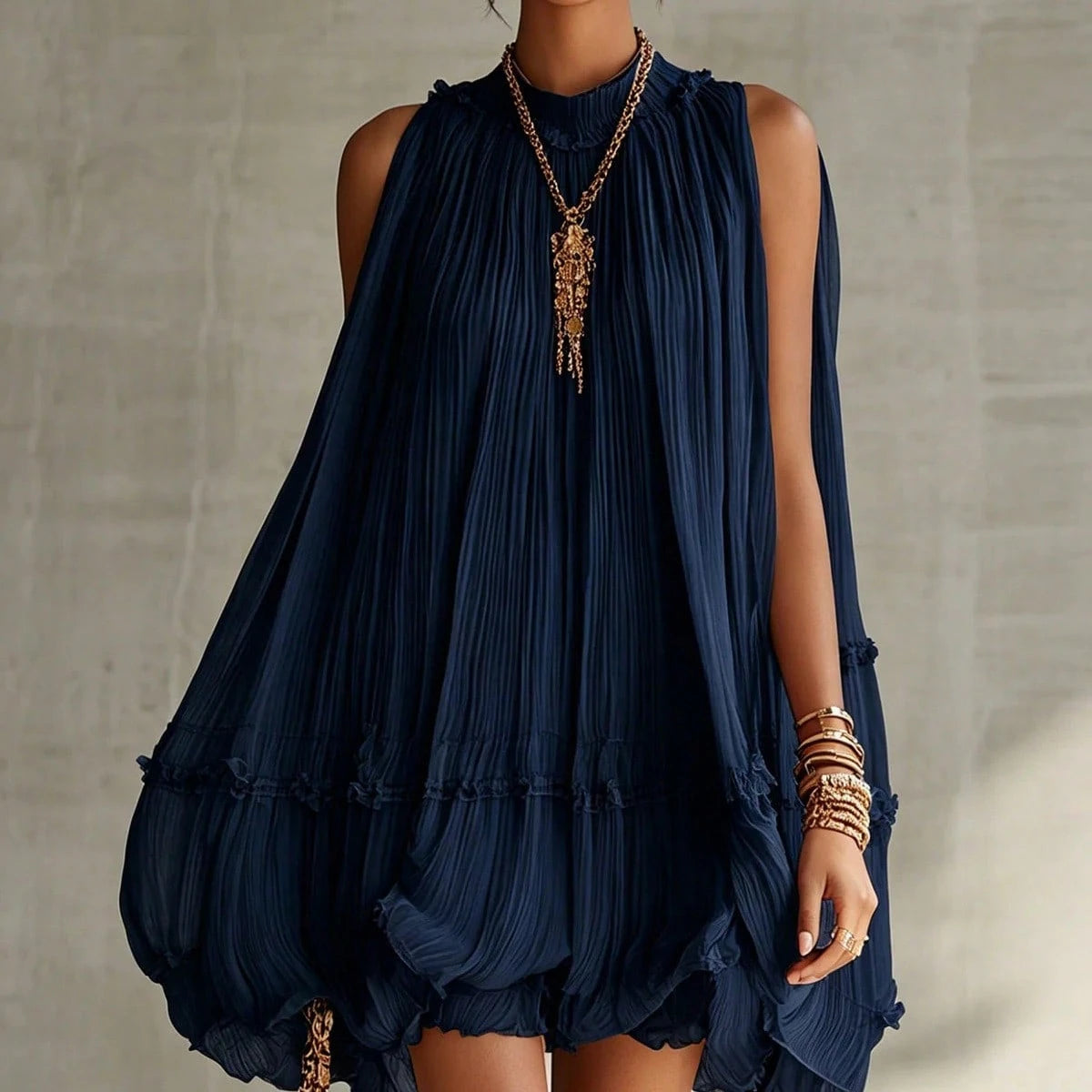 Sleeveless Pleated A-Line Babydoll Short Dress, Loose-Fitting, Large