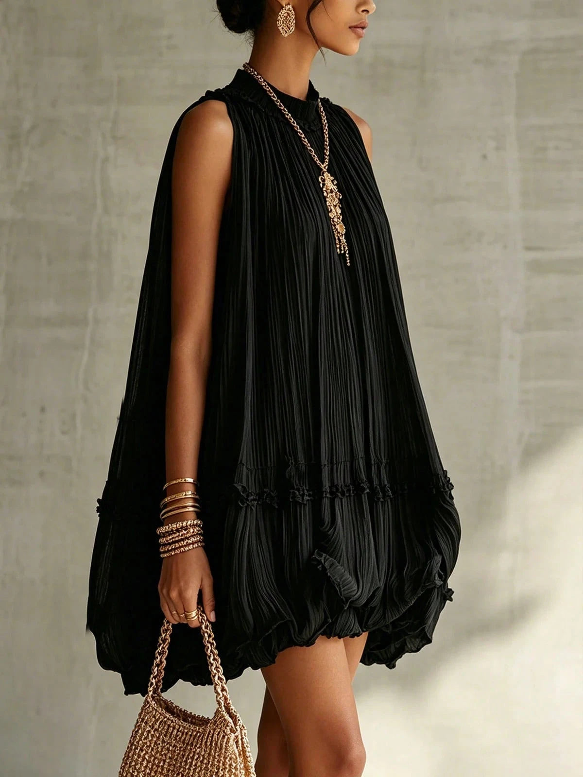 Sleeveless Pleated A-Line Babydoll Short Dress, Loose-Fitting, Large