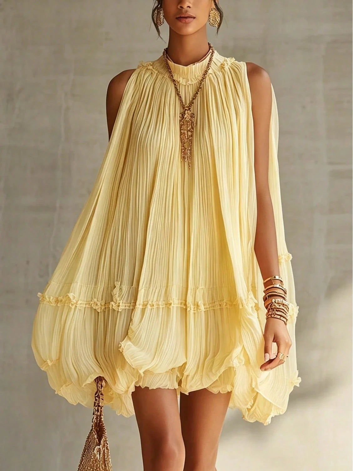 Sleeveless Pleated A-Line Babydoll Short Dress, Loose-Fitting, Large