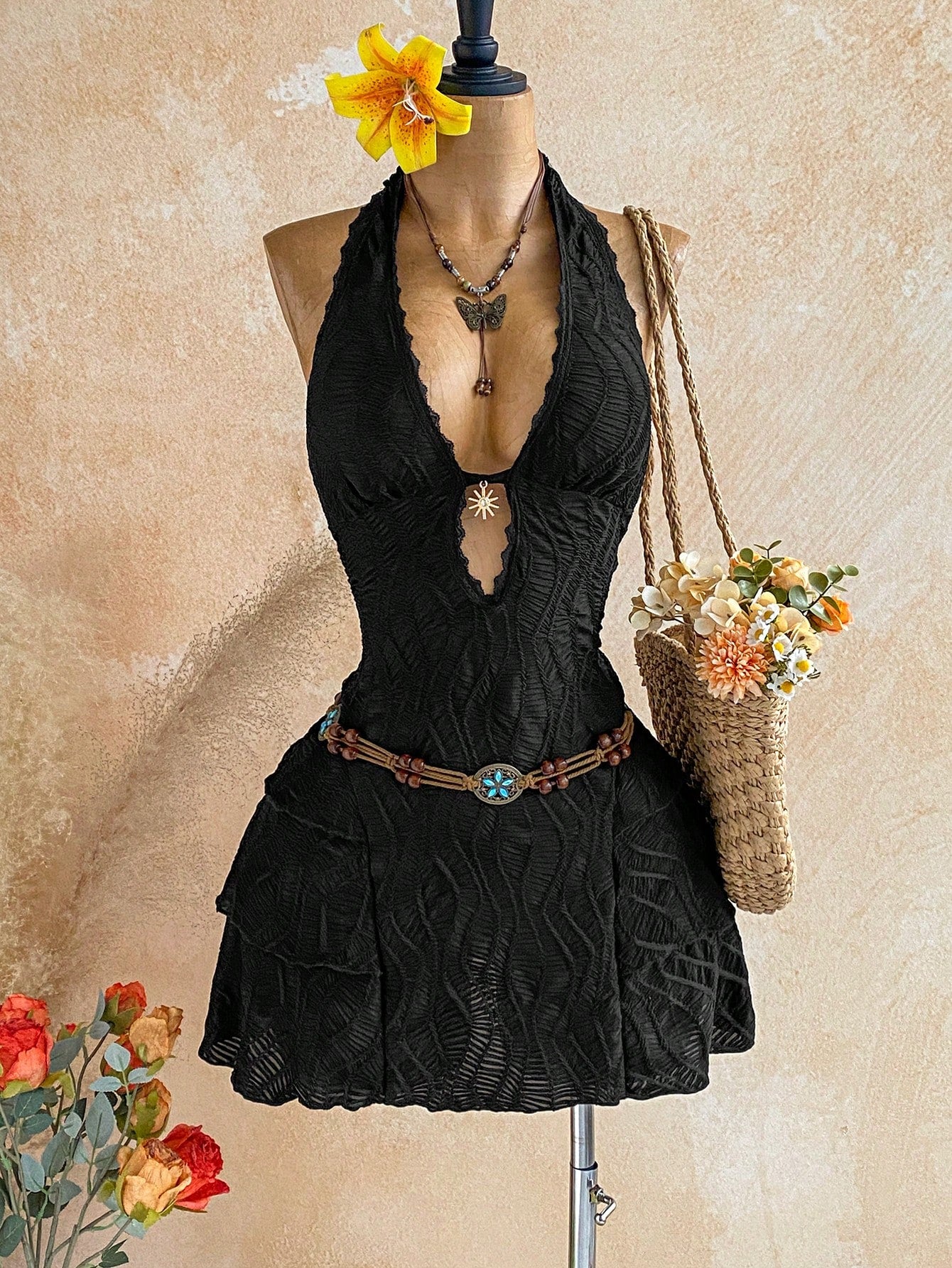 Soleia Women's Yellow Boho Mini Dress, V-Neck Sunflower Decor Halter