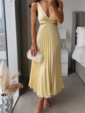 Elegant Deep V Neck Sleeveless Cutout Waist Pleated Midi Summer
