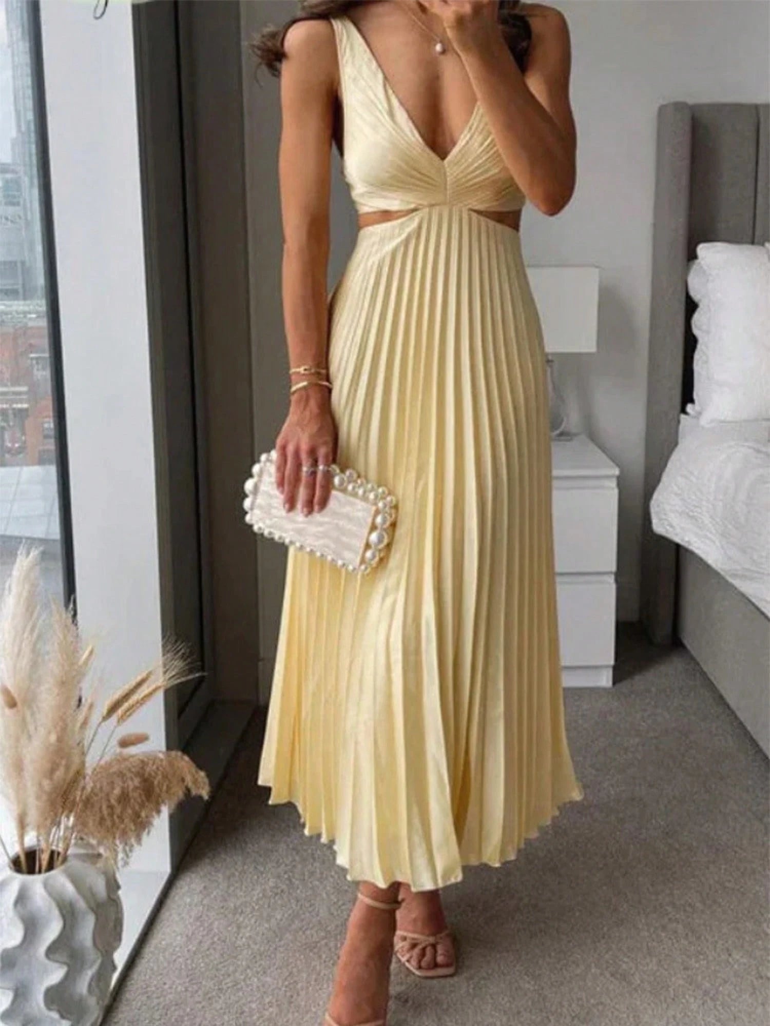 Elegant Deep V Neck Sleeveless Cutout Waist Pleated Midi Summer