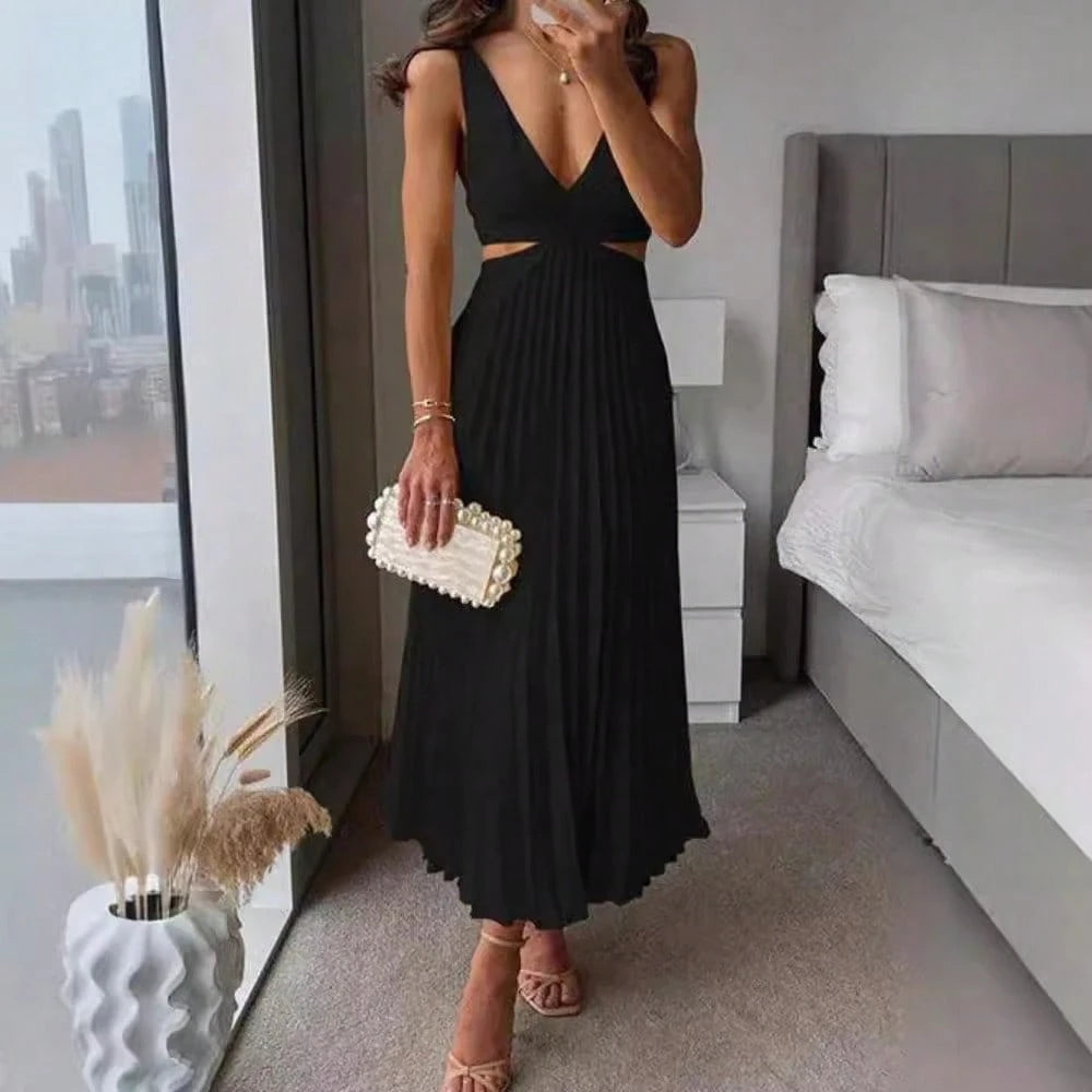 Elegant Deep V Neck Sleeveless Cutout Waist Pleated Midi Summer
