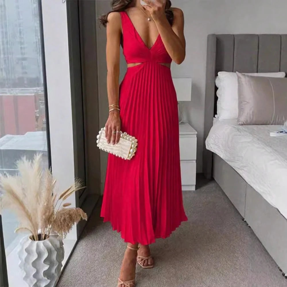 Elegant Deep V Neck Sleeveless Cutout Waist Pleated Midi Summer