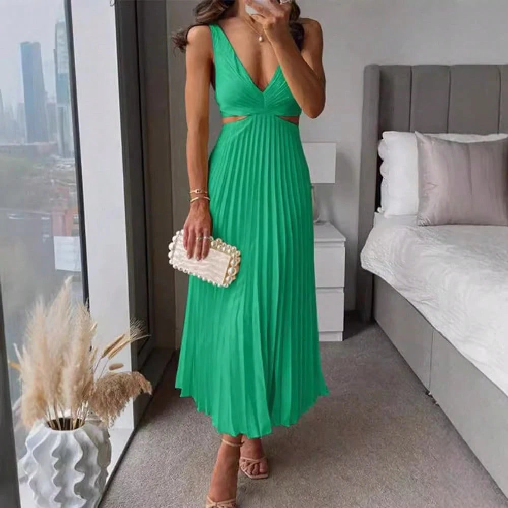 Elegant Deep V Neck Sleeveless Cutout Waist Pleated Midi Summer
