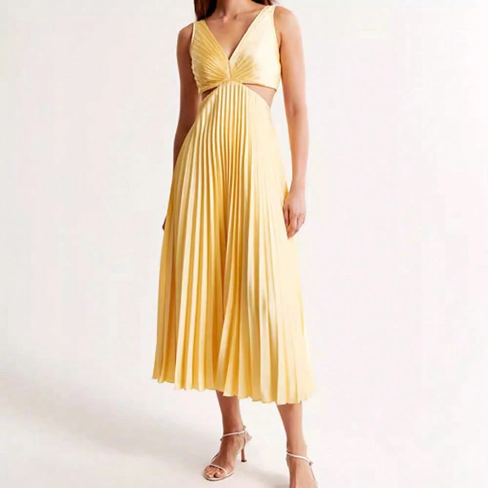 Elegant Deep V Neck Sleeveless Cutout Waist Pleated Midi Summer