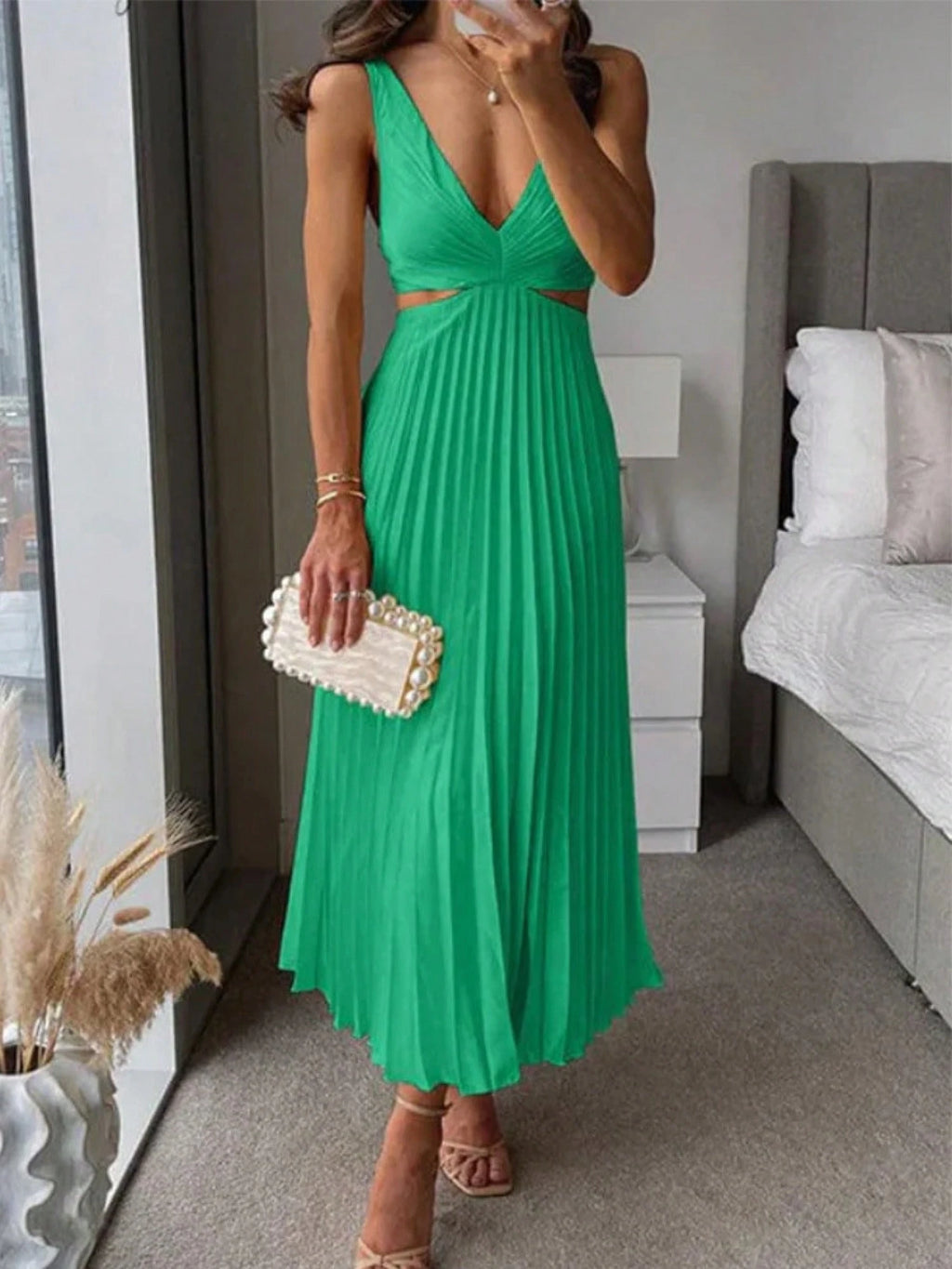 Elegant Deep V Neck Sleeveless Cutout Waist Pleated Midi Summer