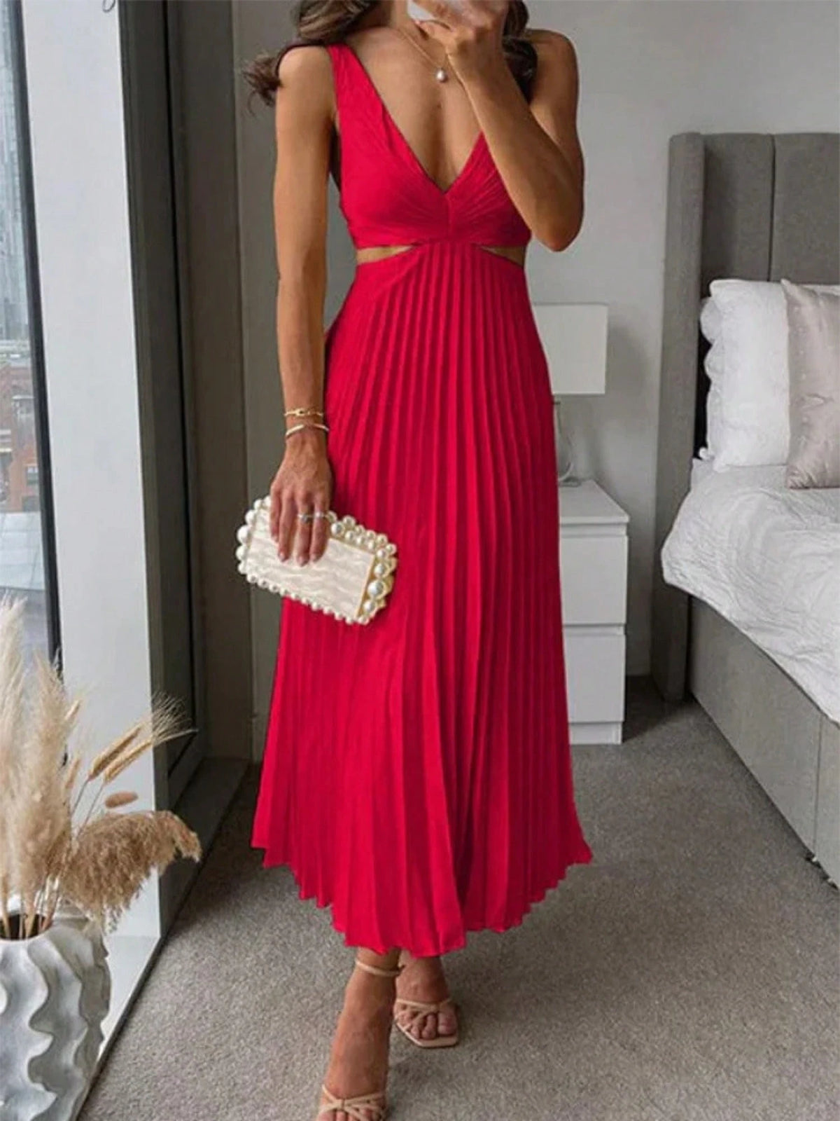 Elegant Deep V Neck Sleeveless Cutout Waist Pleated Midi Summer Dresses For Women, Chic Satin Party Cocktail - image 9