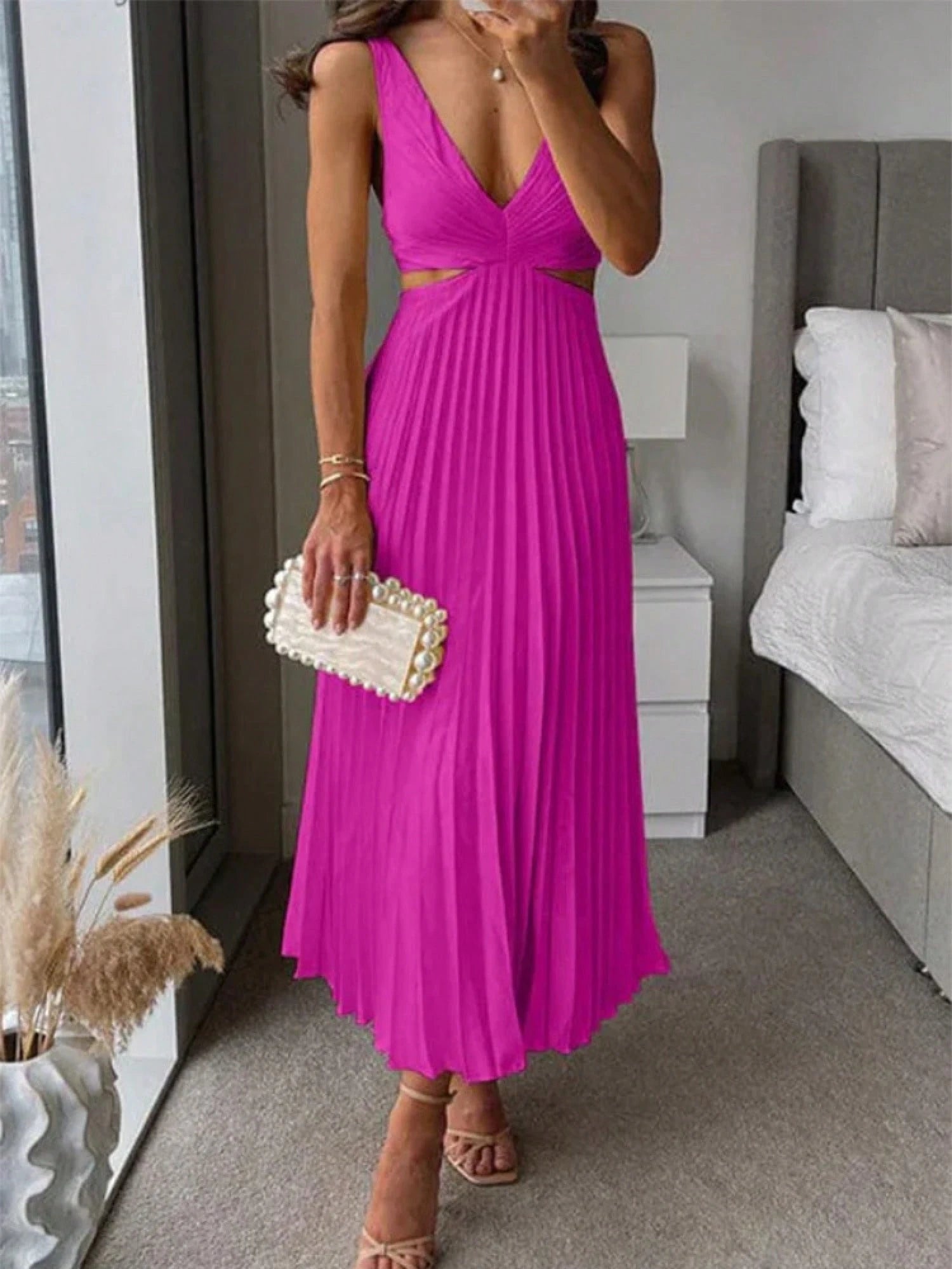 Elegant Deep V Neck Sleeveless Cutout Waist Pleated Midi Summer