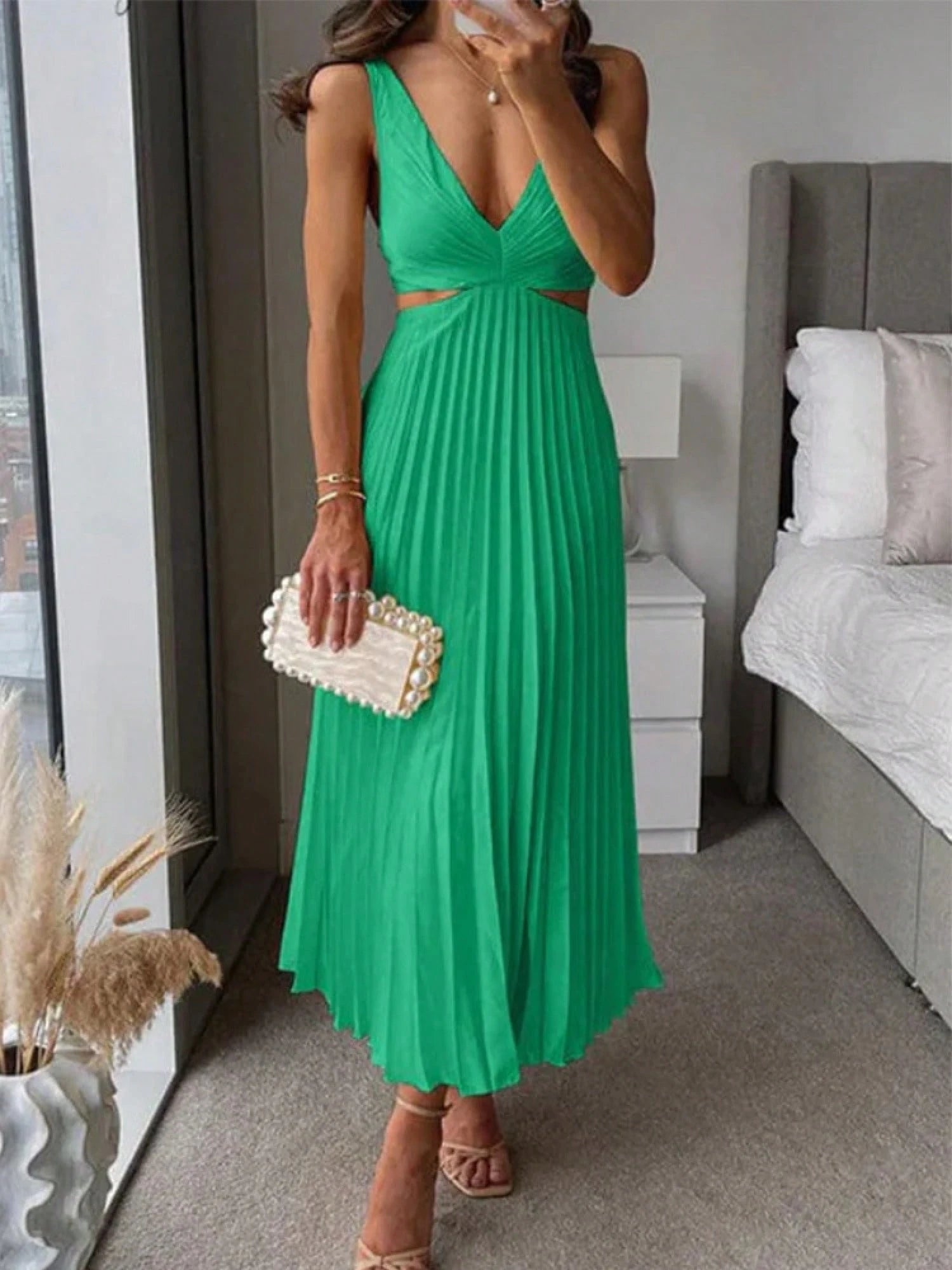Elegant Deep V Neck Sleeveless Cutout Waist Pleated Midi Summer