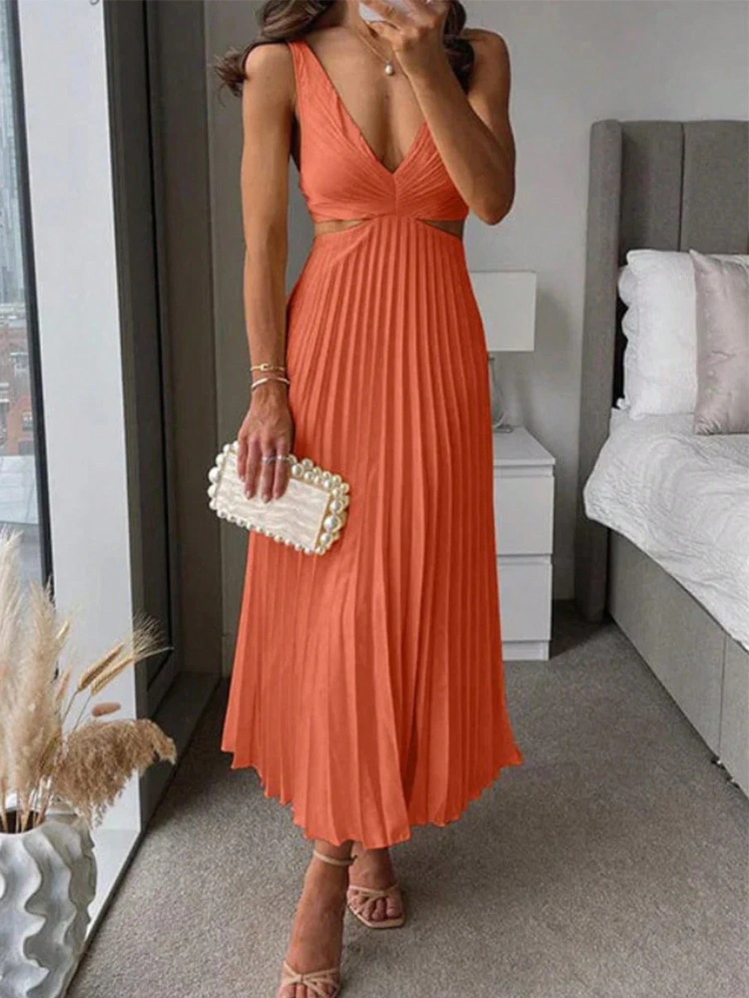 Elegant Deep V Neck Sleeveless Cutout Waist Pleated Midi Summer