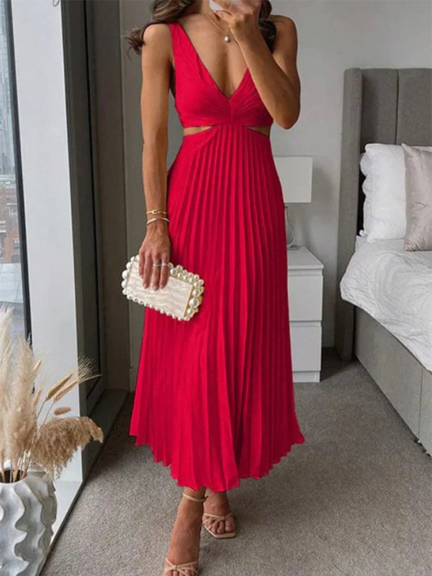 Elegant Deep V Neck Sleeveless Cutout Waist Pleated Midi Summer