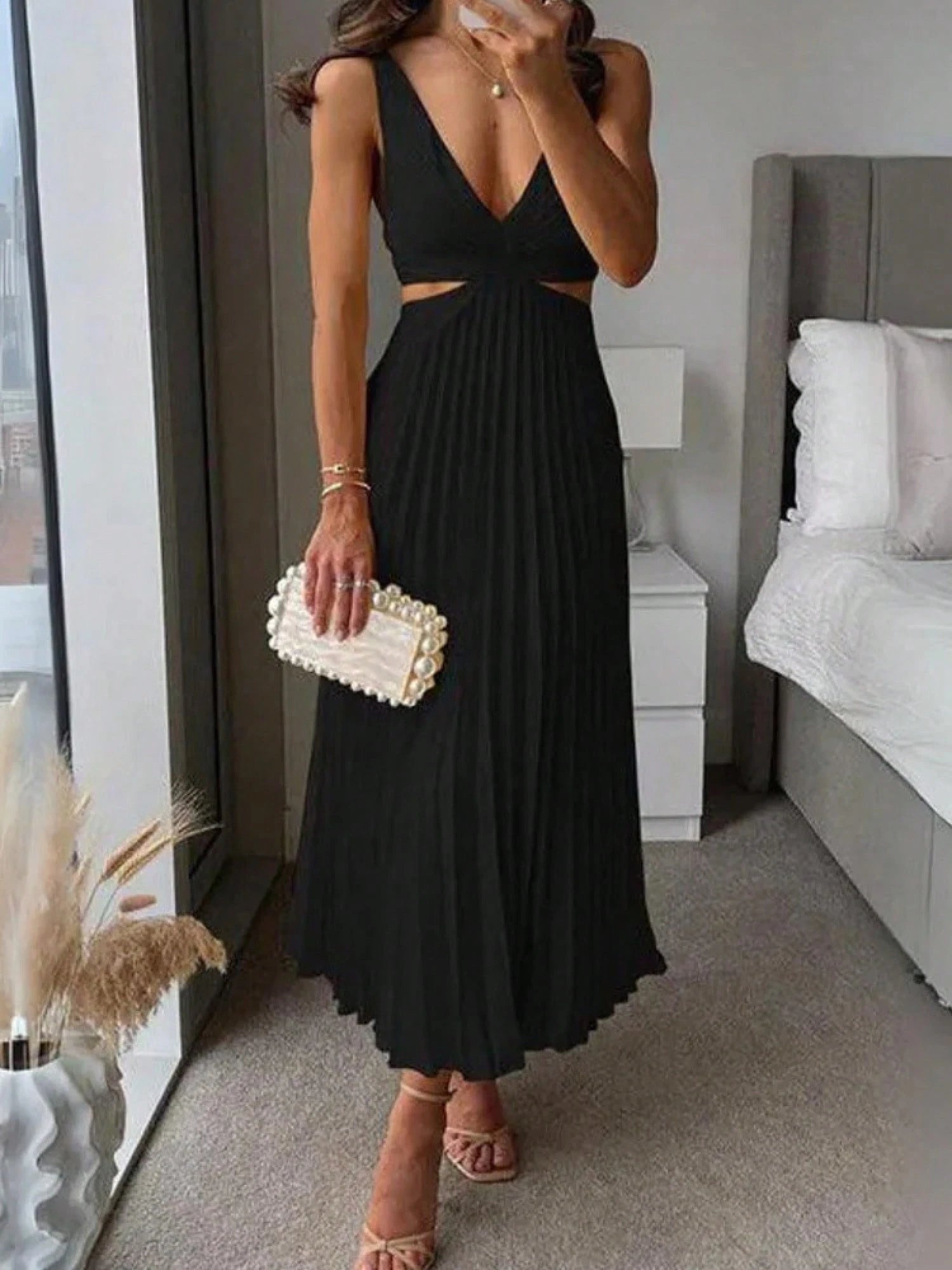 Elegant Deep V Neck Sleeveless Cutout Waist Pleated Midi Summer