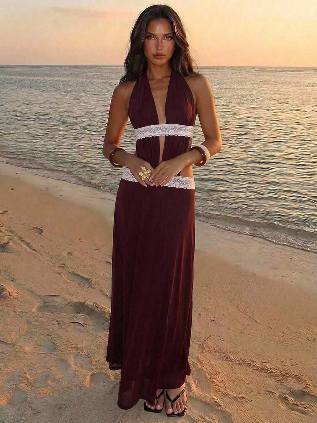 Aloruh White Mesh Knit Elegant Boho Vacation Sexy Halter Neck Dress