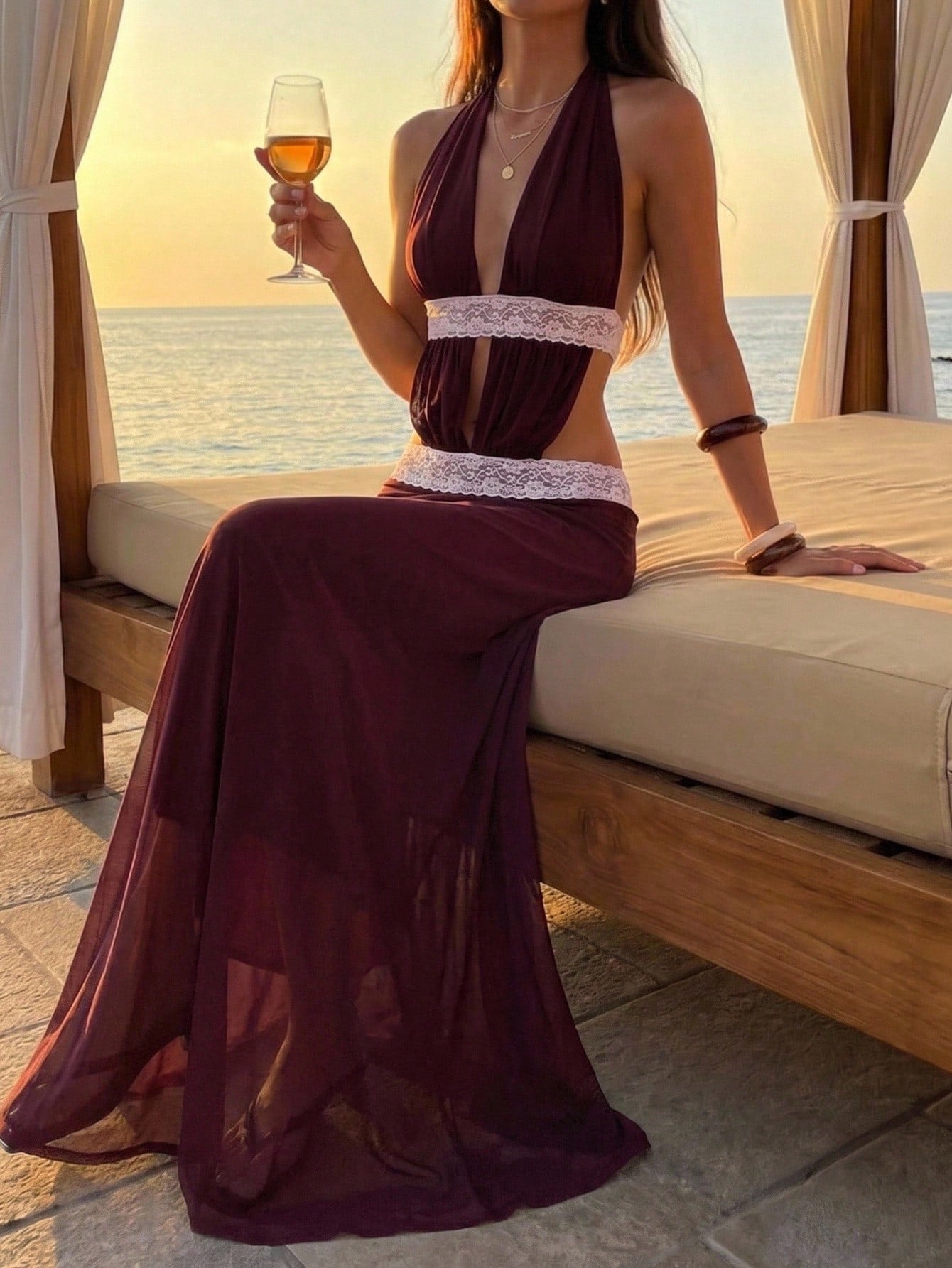 Aloruh White Mesh Knit Elegant Boho Vacation Sexy Halter Neck Dress