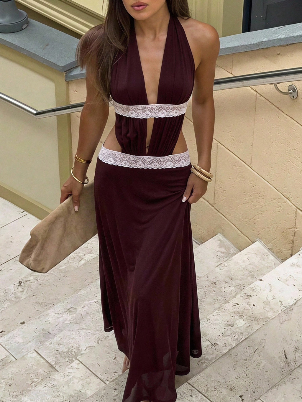 Aloruh White Mesh Knit Elegant Boho Vacation Sexy Halter Neck Dress