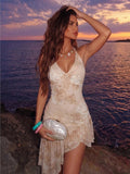 Allurite Asymmetric Hem Printed Halter Neck Dress, Women's Vacation Pink Dress