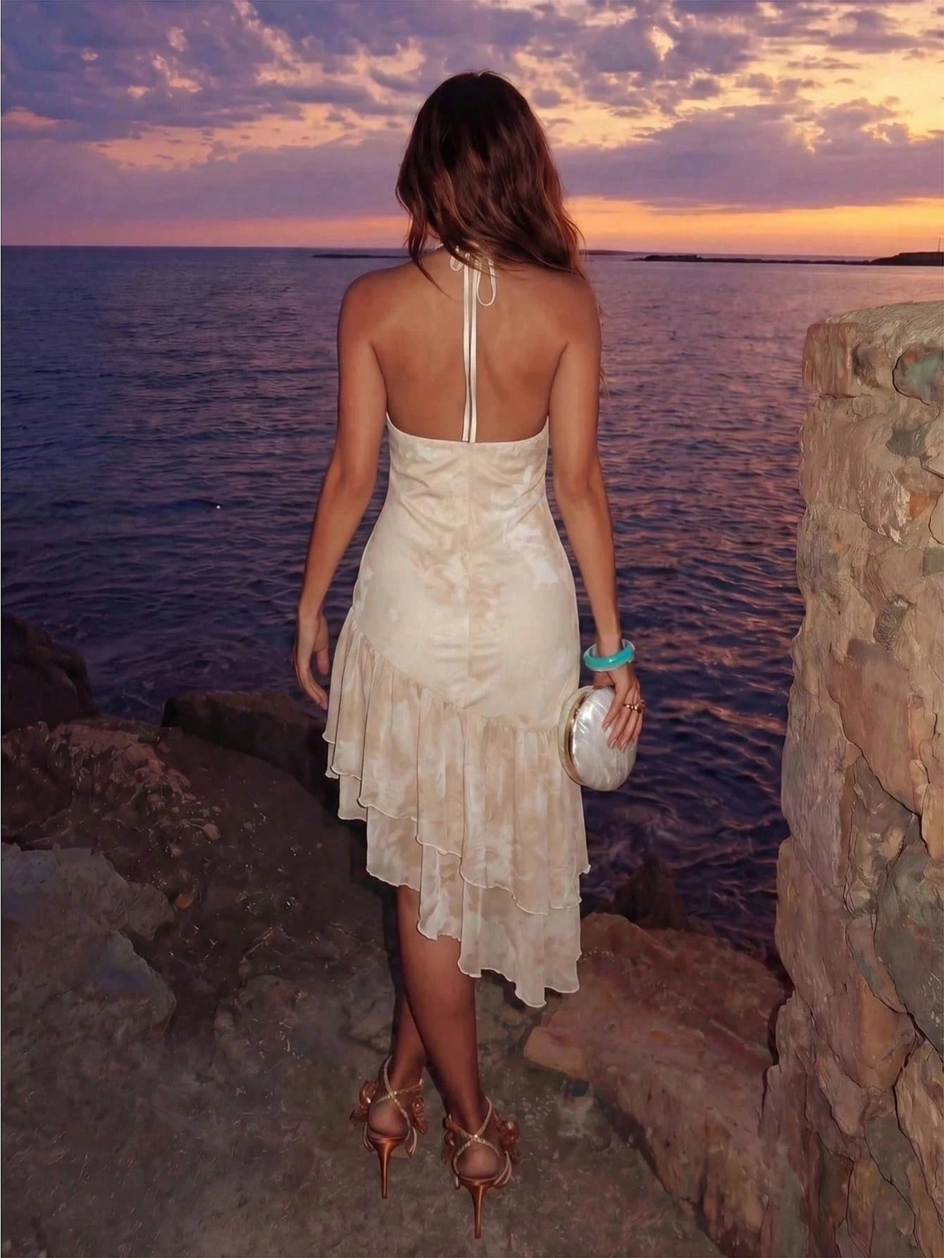 Allurite Asymmetric Hem Printed Halter Neck Dress, Women's Vacation Pink Dress - image 2