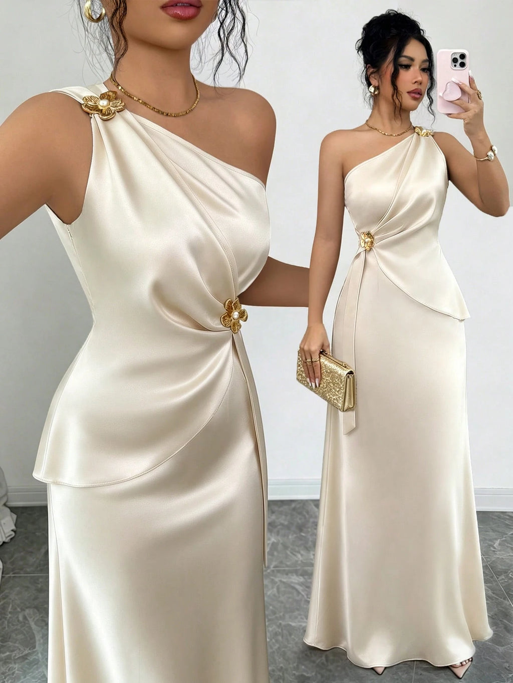 Elenzga Women's Spring/Summer New Elegant Satin Asymmetric Shoulder