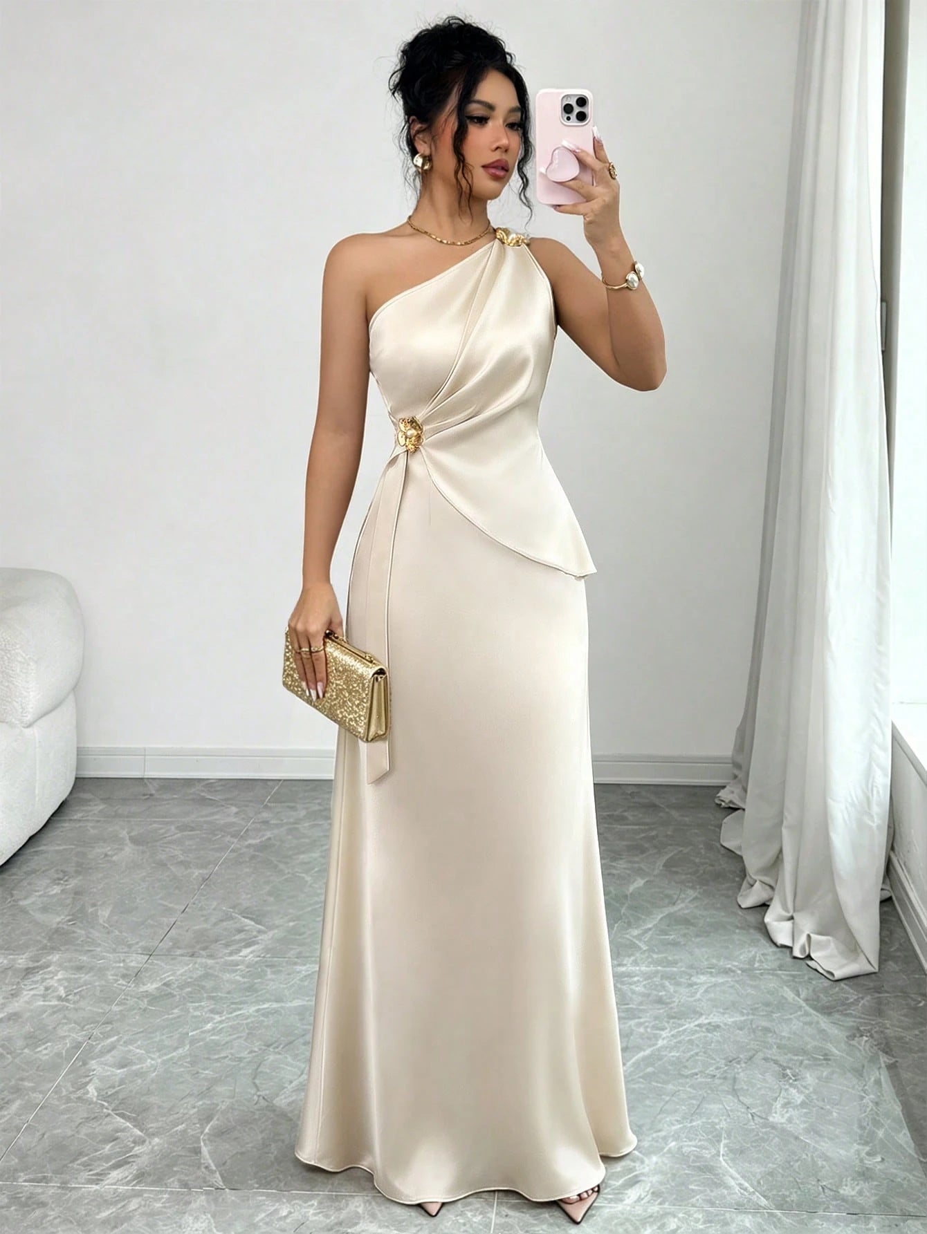 Elenzga Women's Spring/Summer New Elegant Satin Asymmetric Shoulder