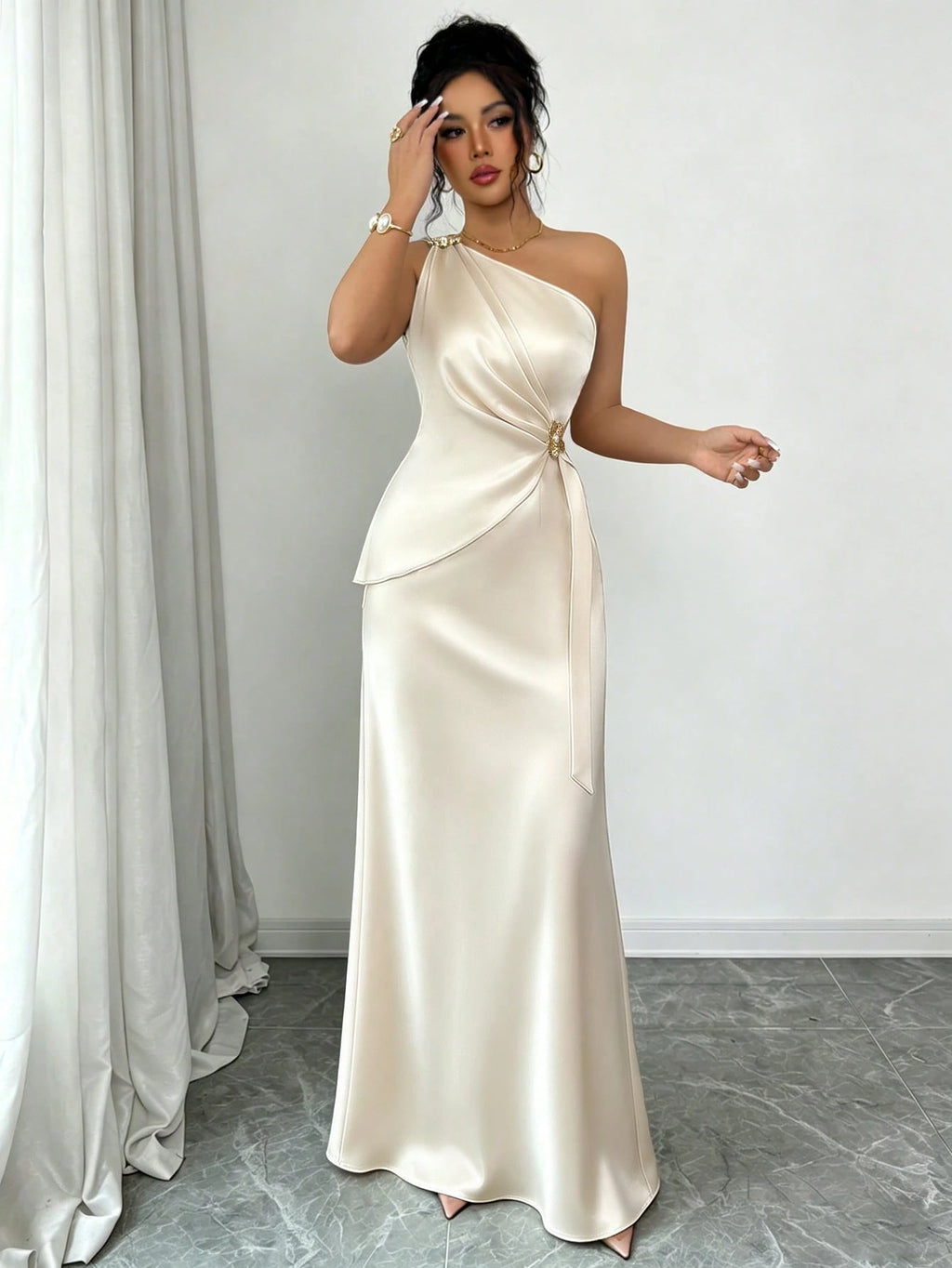 Elenzga Women's Spring/Summer New Elegant Satin Asymmetric Shoulder