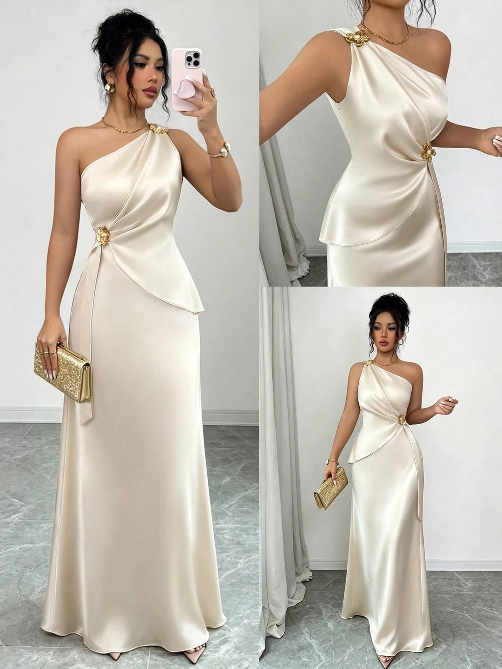 Elenzga Women's Spring/Summer New Elegant Satin Asymmetric Shoulder