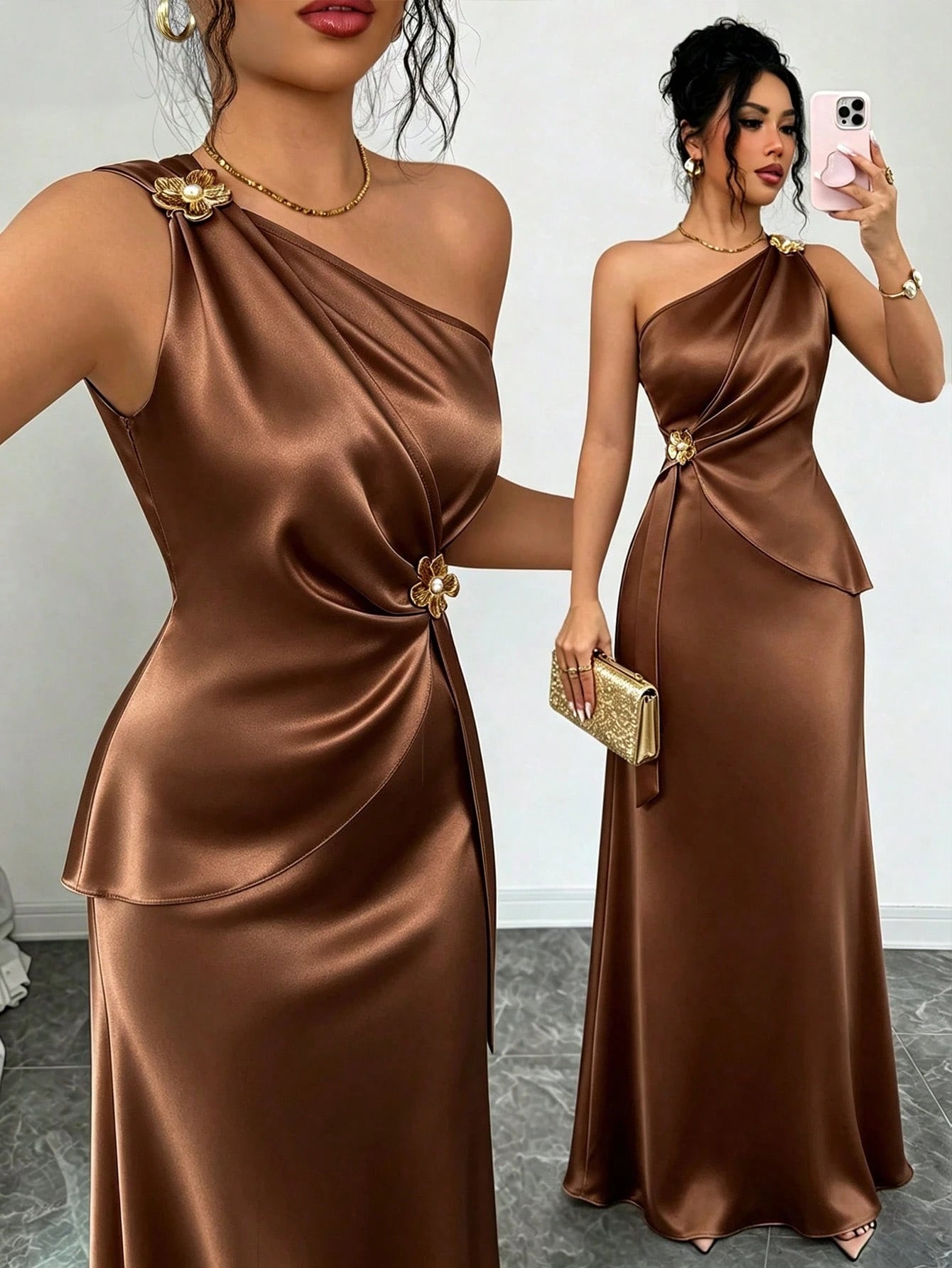 Elenzga Women's Spring/Summer New Elegant Satin Asymmetric Shoulder