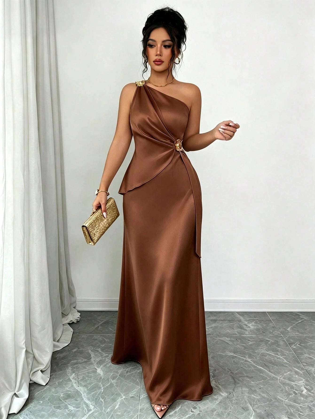 Elenzga Women's Spring/Summer New Elegant Satin Asymmetric Shoulder