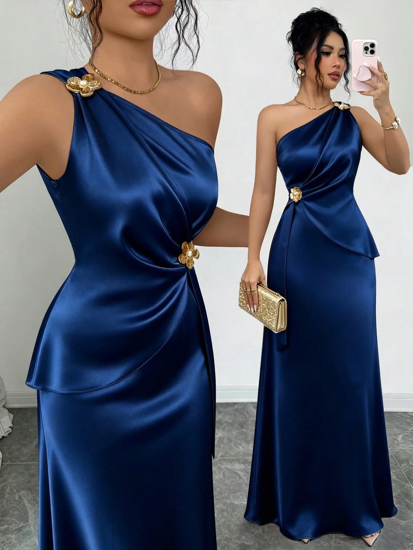 Elenzga Women's Spring/Summer New Elegant Satin Asymmetric Shoulder