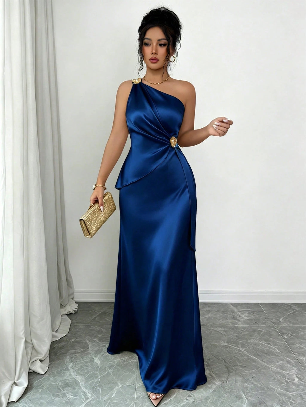 Elenzga Women's Spring/Summer New Elegant Satin Asymmetric Shoulder