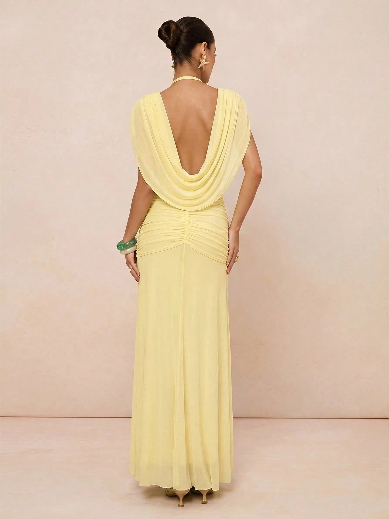 Lumalex Light Yellow Draped Mesh Maxi Dress In Light Yellow With Deep