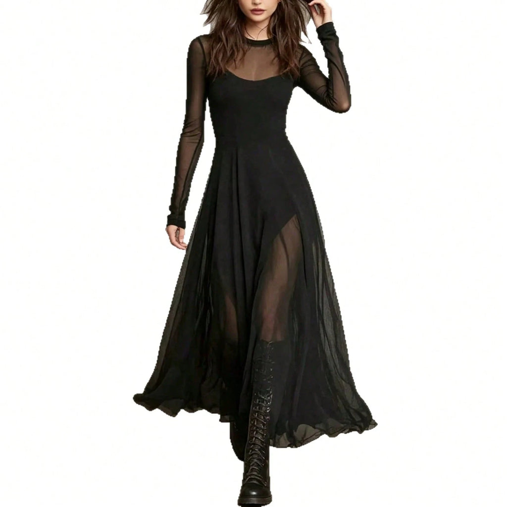 Elegant 2 Piece Sheer Mesh Long Sleeve Maxi Dress, Flowy See Through